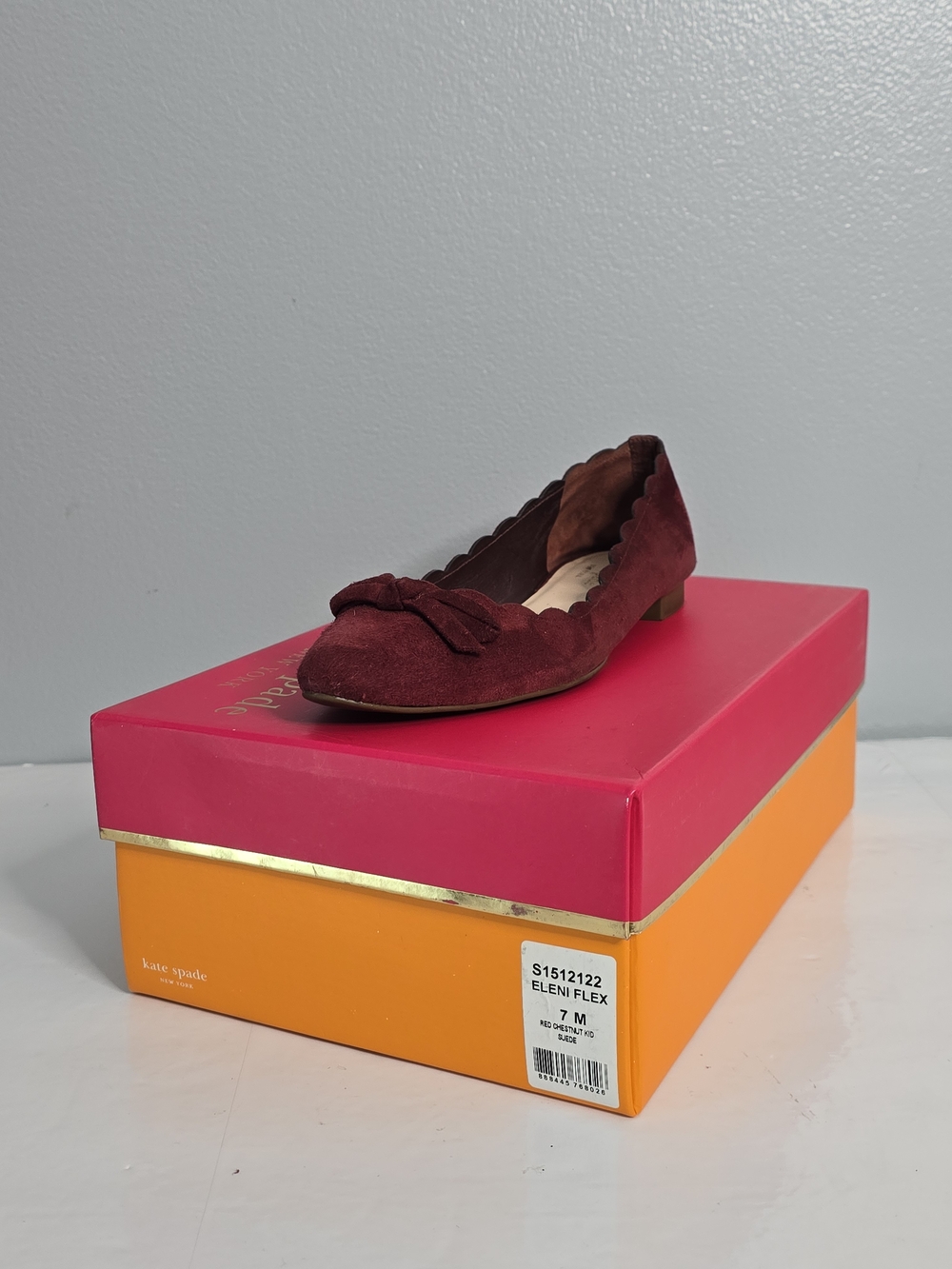 Kate Spade Eleni Flex Red Chestnut Suede Scalloped Bow Flats